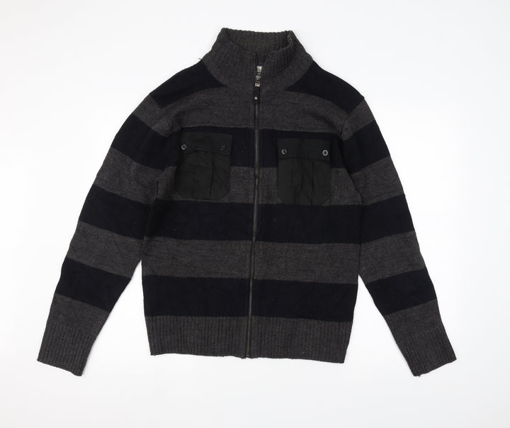 Lee Cooper Mens Grey Striped Full Zip Jumper Size M