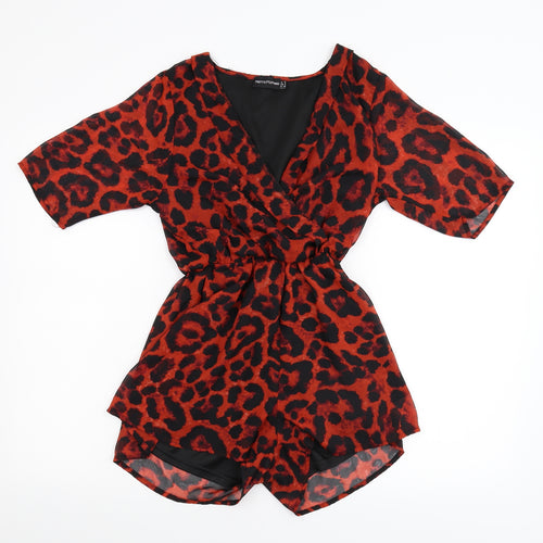 Pretty Little Thing Womens Red Animal Print Chiffon Jumpsuit One-Piece Size 6