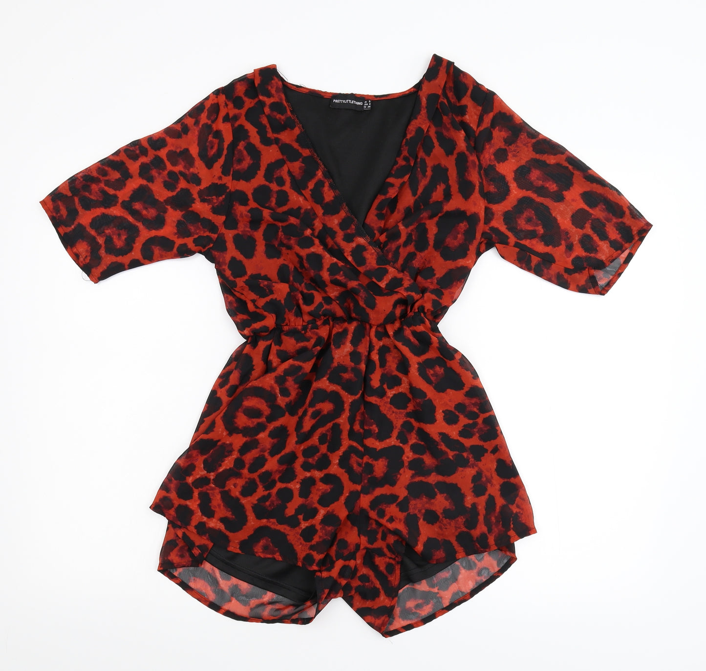 Pretty Little Thing Womens Red Animal Print Chiffon Jumpsuit One-Piece Size 6