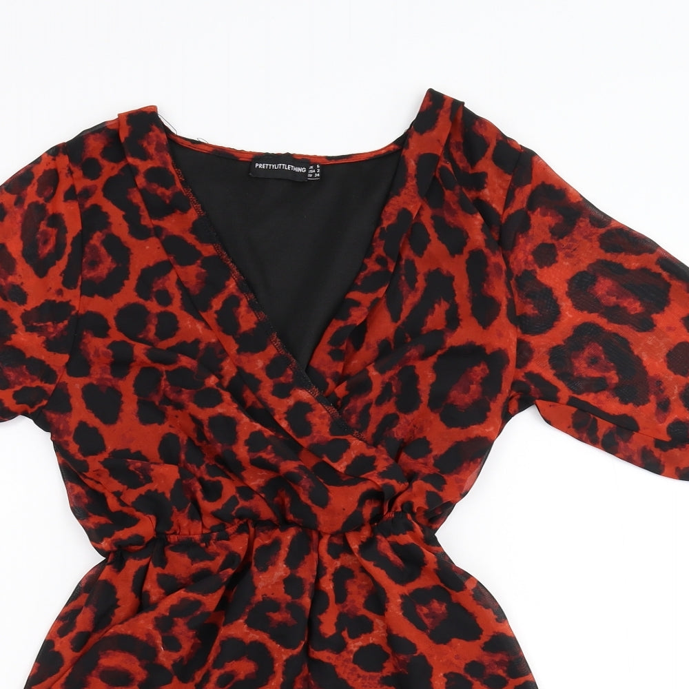 Pretty Little Thing Womens Red Animal Print Chiffon Jumpsuit One-Piece Size 6