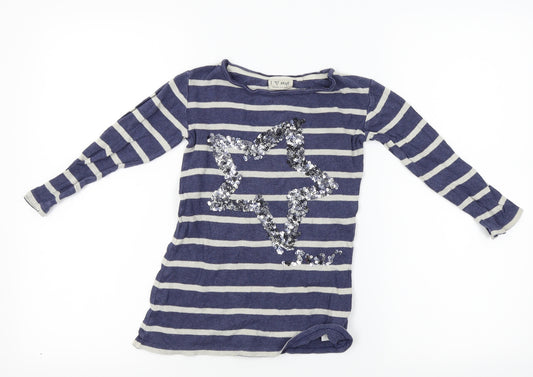 Front view of Next girls’ blue striped basic t-shirt, size 4, years - star