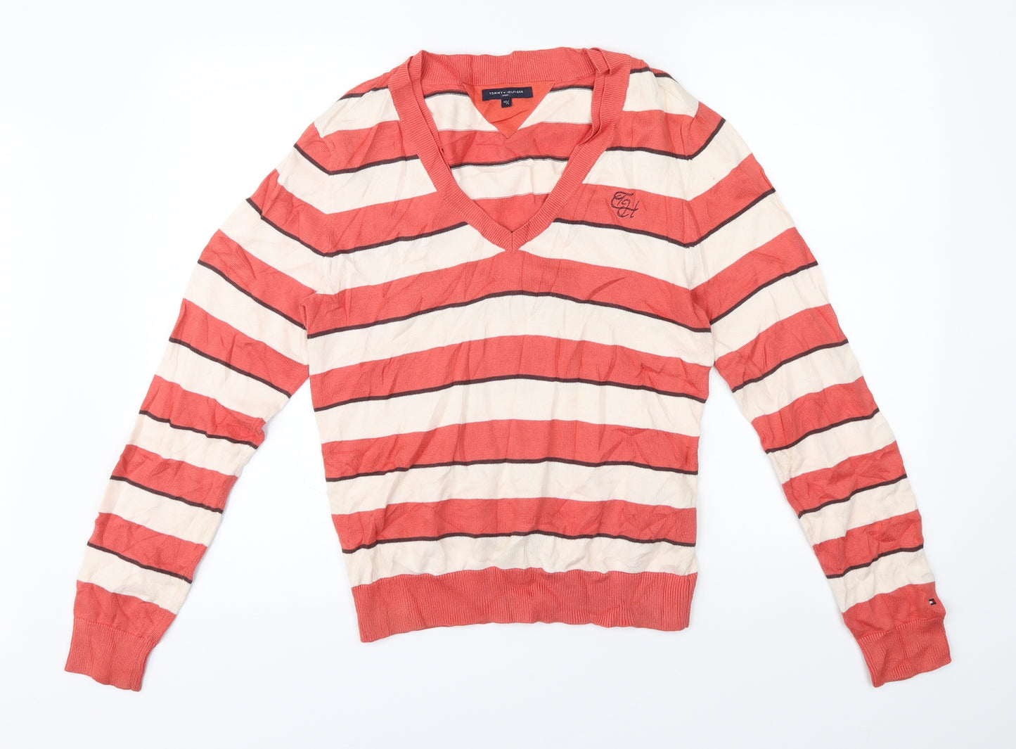 Tommy Hilfiger Mens Orange Striped  Pullover Jumper Size L