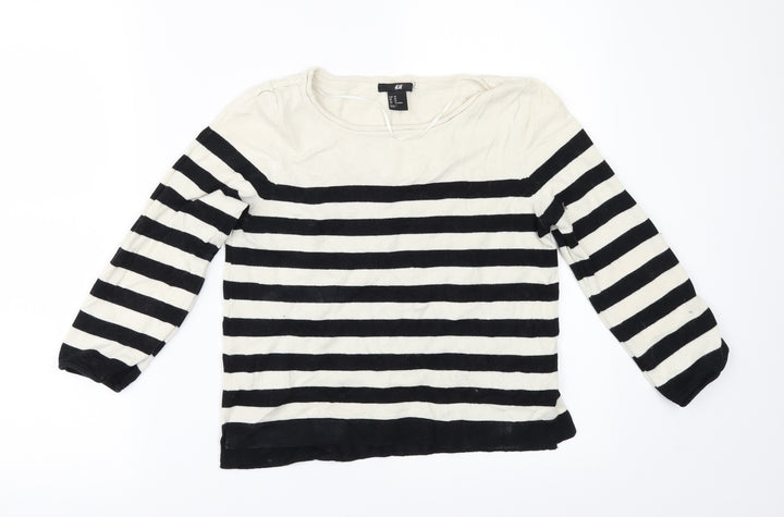 H&M Womens White Striped  Pullover Jumper Size XS  - Elbow Patches