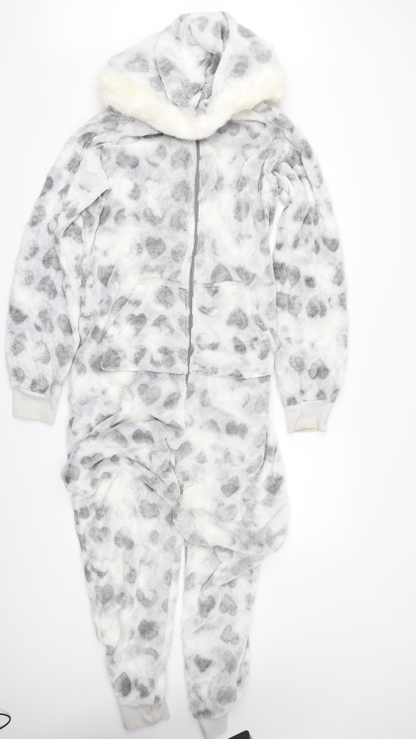 Primark Womens Grey Solid Fleece  One Piece Size S  - fur trim  on hood