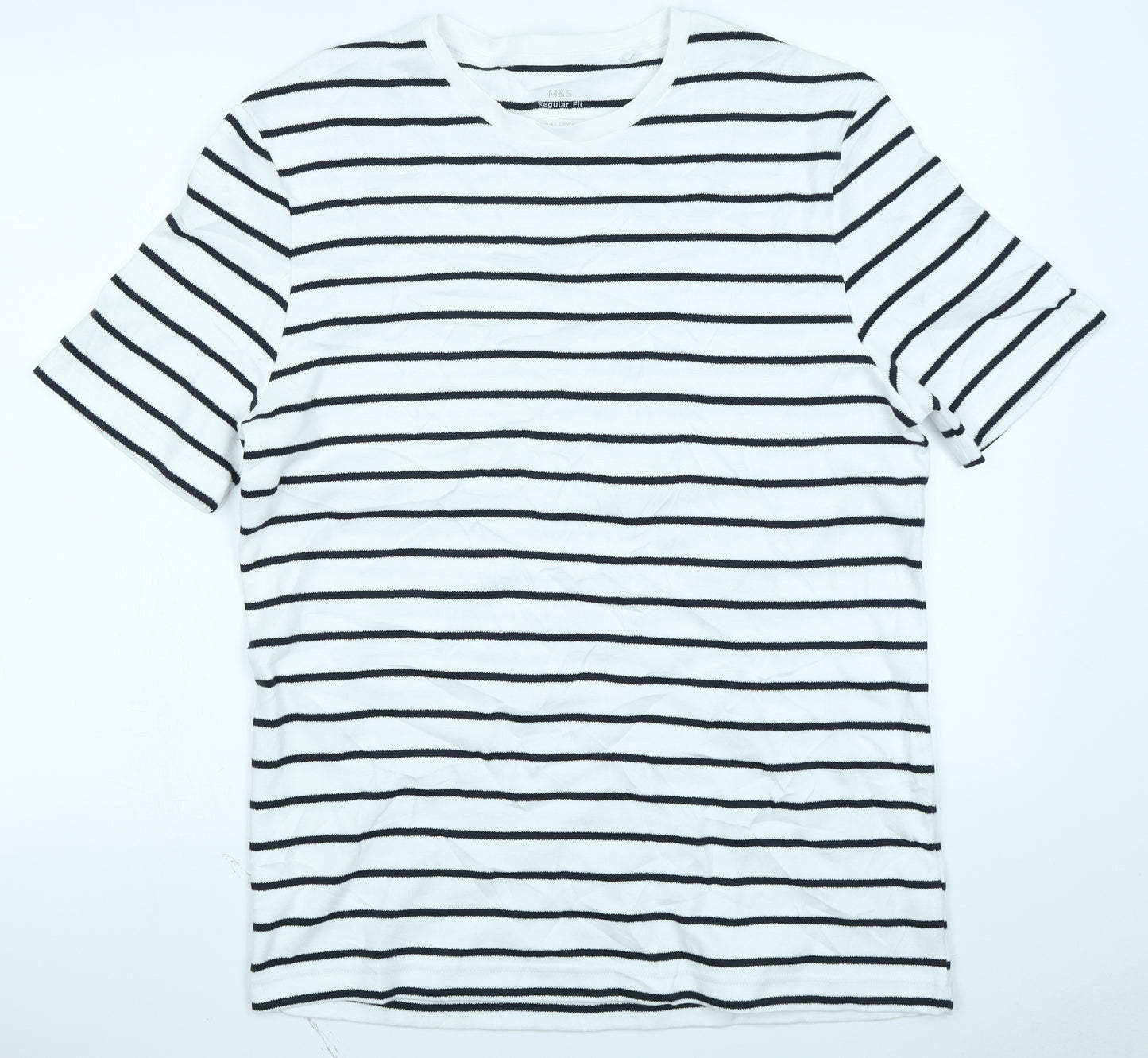 M&S Mens White Striped   T-Shirt Size M