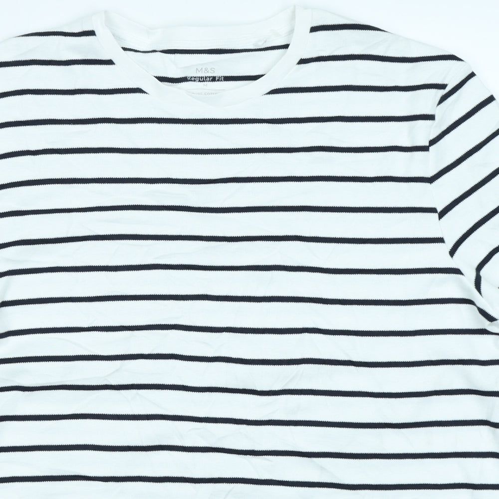 M&S Mens White Striped   T-Shirt Size M