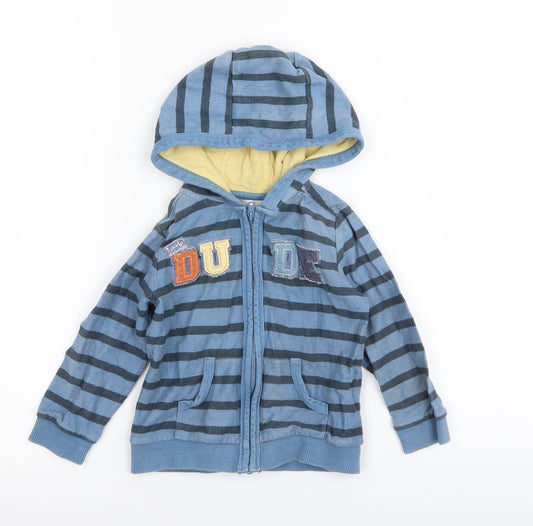 Front view of M&Co boys’ blue striped full zip jumper, size 18-24, months
