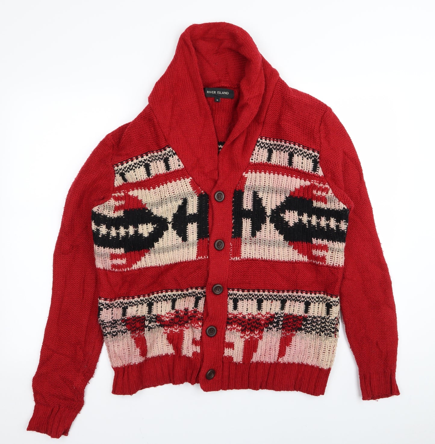 River Island Mens Red Geometric  Cardigan Jumper Size M