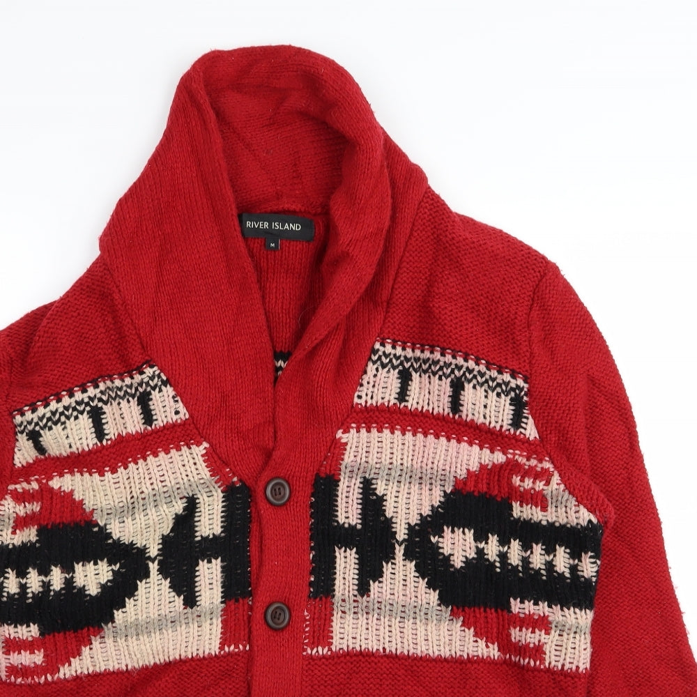 River Island Mens Red Geometric  Cardigan Jumper Size M