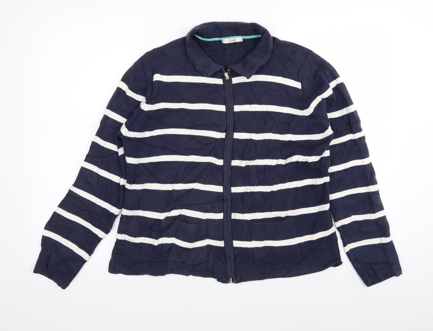 M&S Womens Blue Striped  Full Zip Jumper Size 14