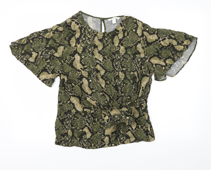 H&M Womens Green Animal Print  Basic T-Shirt Size 8