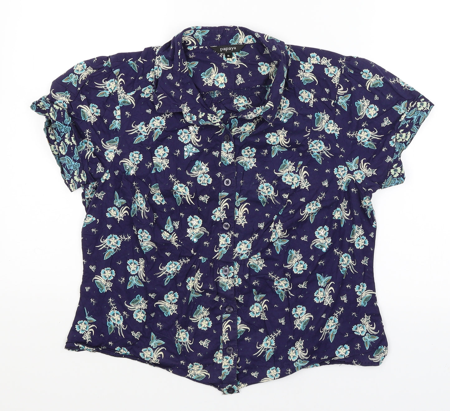 Papaya Womens Blue Floral  Basic Button-Up Size 16