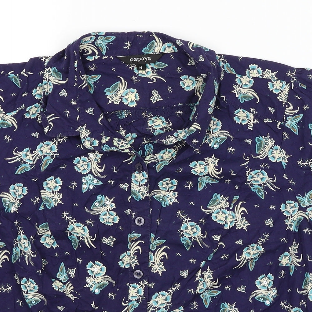Papaya Womens Blue Floral  Basic Button-Up Size 16