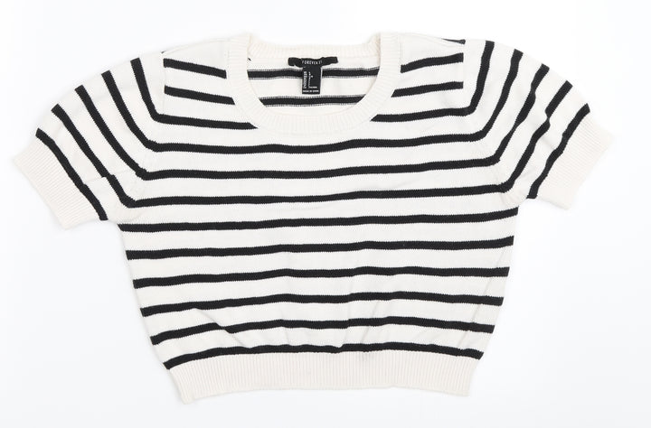 FOREVER 21 Womens White Striped Pullover Jumper Size L