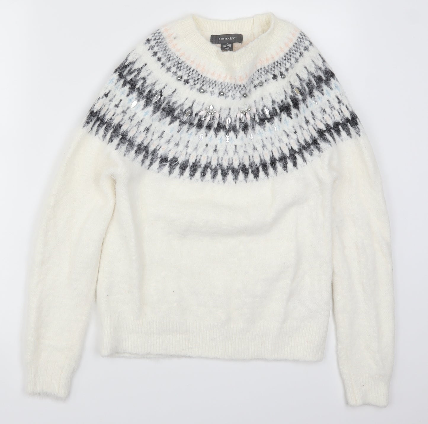 Primark Womens White Fair Isle Knit Pullover Jumper Size 10