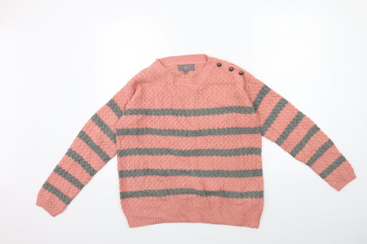 Front view of Next women’s pink striped knit jumper, size UK 12