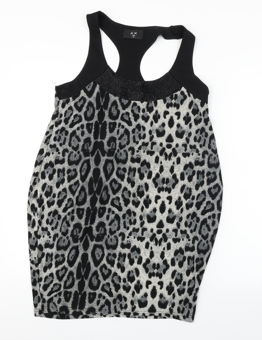 Front view of AX women’s black animal print basic blouse, size UK 10