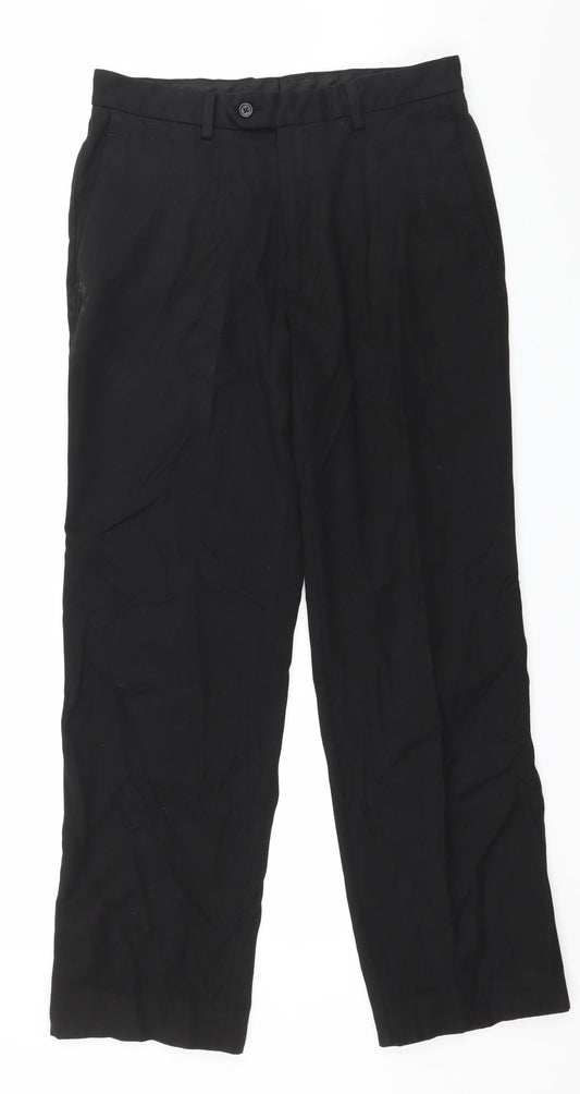 Front view of Next men’s black trousers, size 32, in, 30-inch leg