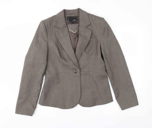 Front view of NEXT women’s brown striped jacket suit jacket, size UK 12