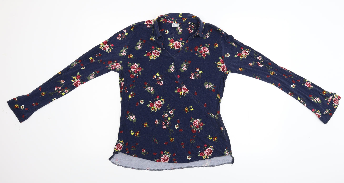 Preworn Womens Blue Floral Jersey Basic T-Shirt Size 12