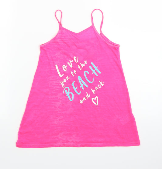 Front view of Matalan girls’ pink basic t-shirt, size 4, years - love you to the beach and back