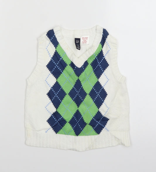 Front view of Gap Baby White Argyle/Diamond Knit jumper, size 12-18, Months