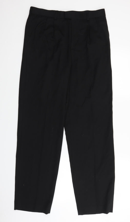 Front view of Burton men’s black trousers, size 32, in, 29-inch leg