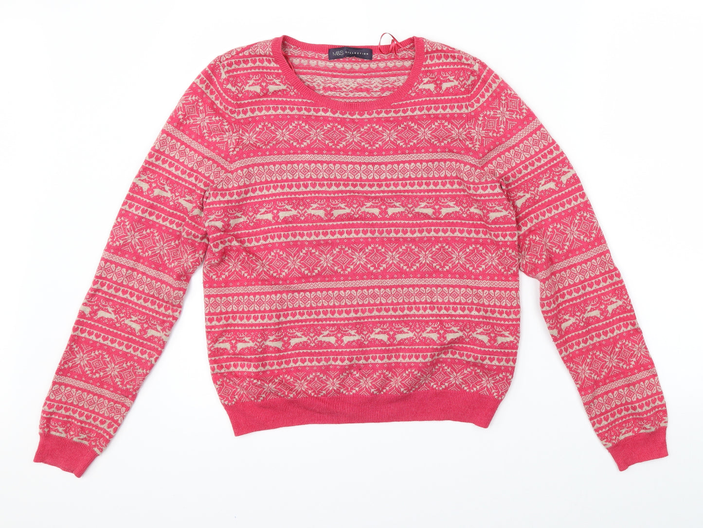 Marks & Spencer Womens Pink Fair Isle  Pullover Jumper Size 10  - Christmas
