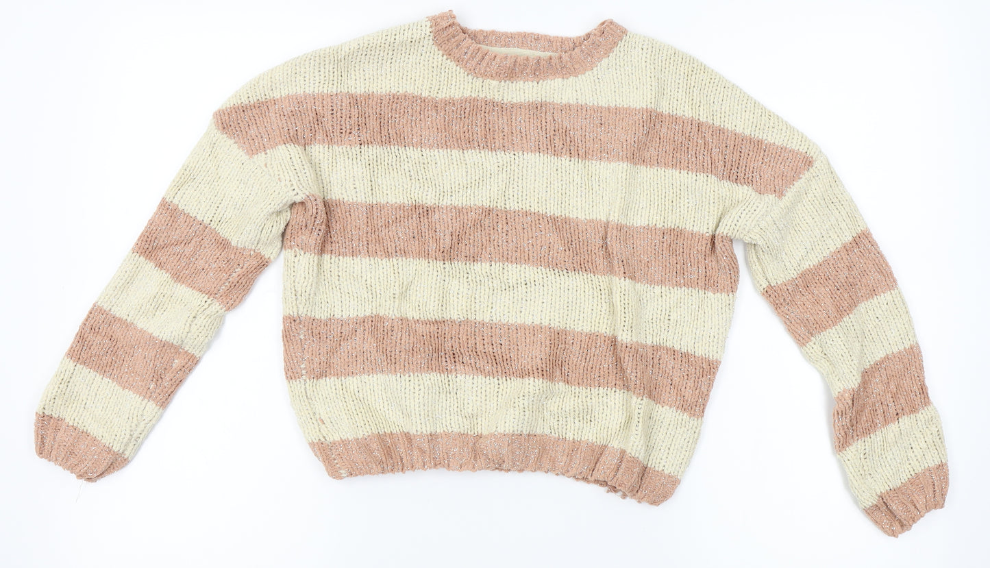 Primark Girls Beige Striped Knit Pullover Jumper Size 7-8 Years