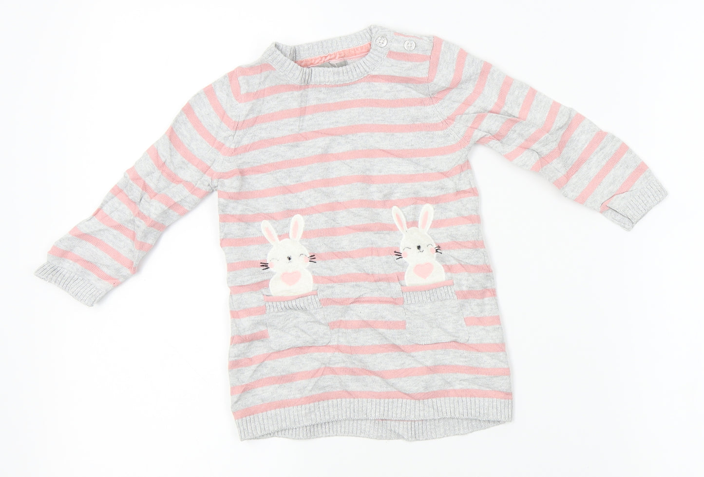 Primark Girls Grey Striped Knit Jumper Dress  Size 9-12 Months  - bunny