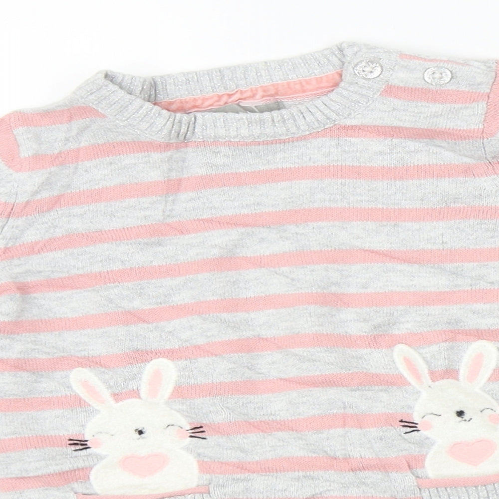 Primark Girls Grey Striped Knit Jumper Dress  Size 9-12 Months  - bunny