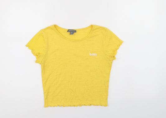 Front view of Primark women’s yellow basic t-shirt, size UK 10