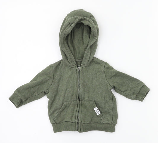 Front view of F&F boys’ green full zip jumper, size 0-3, months