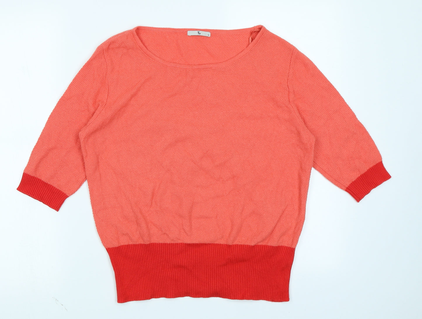 TU Womens Orange Colourblock Knit Basic T-Shirt Size 14