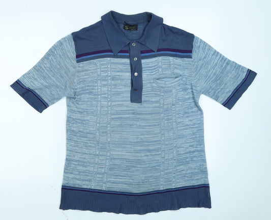 Front view of Grendale men’s blue colourblock knit polo, size S