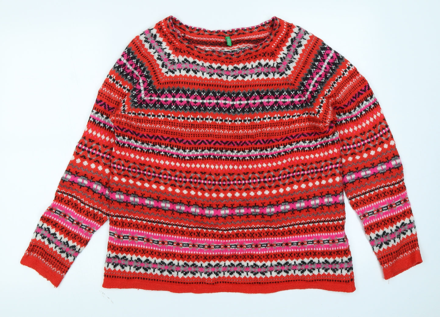 United Colors of Benetton Womens Red Fair Isle  Pullover Jumper Size M