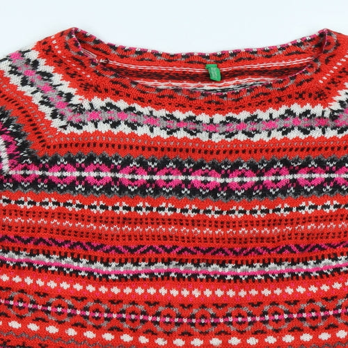 United Colors of Benetton Womens Red Fair Isle  Pullover Jumper Size M