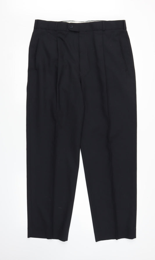 Front view of Moorcroft men’s blue trousers, size 34, in, 27-inch leg