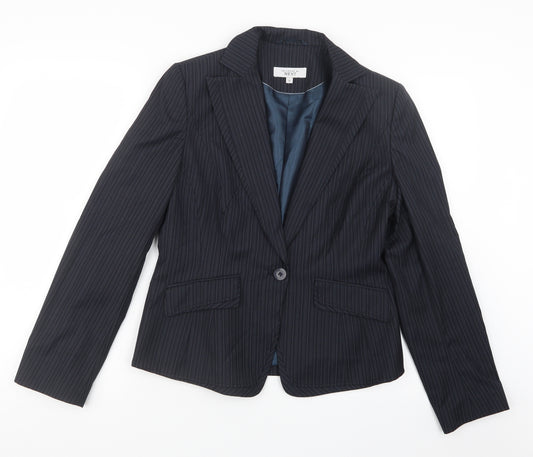 Front view of Next women’s blue striped jacket, size UK 12