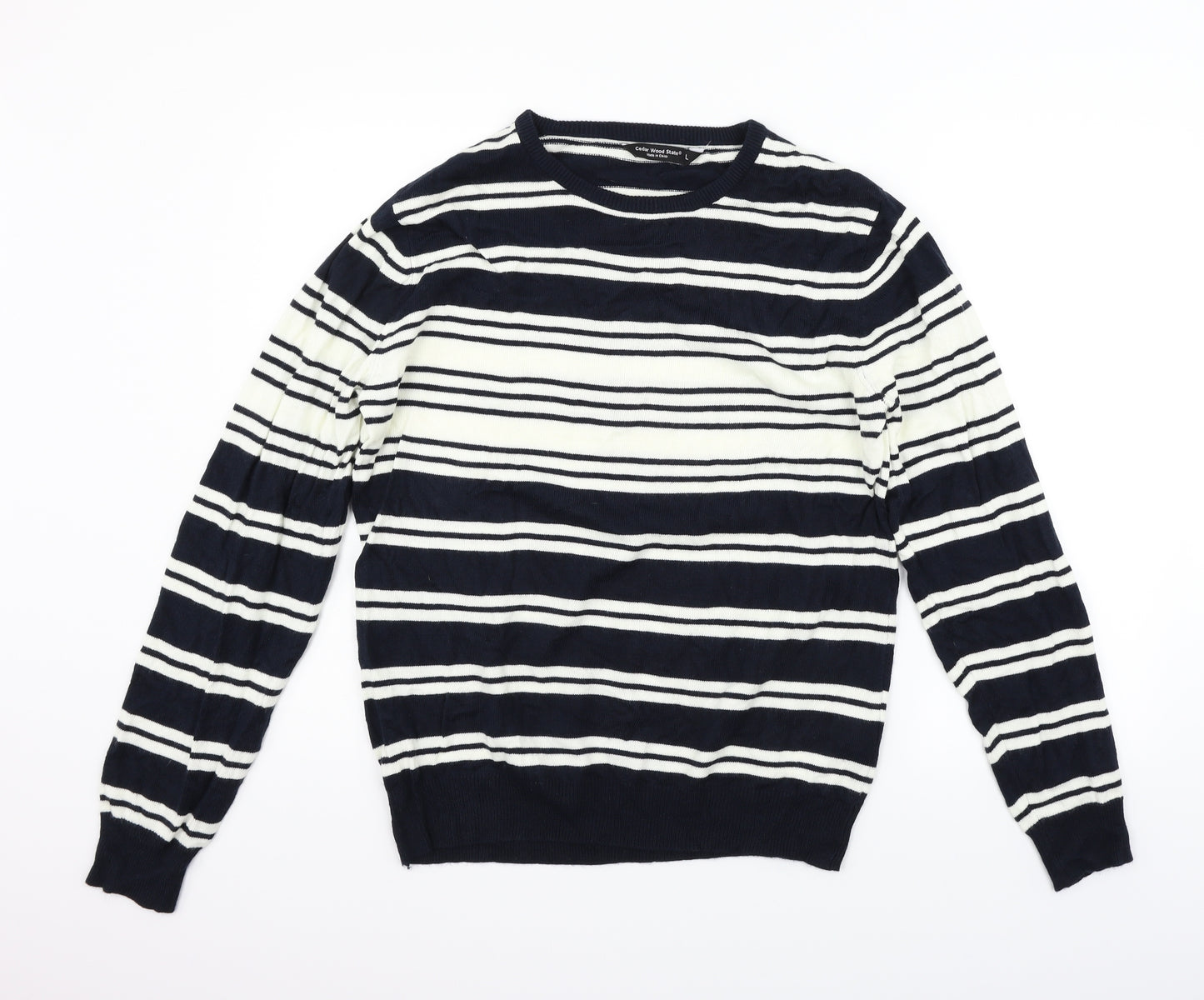Cedar Wood State Mens Blue Striped  Pullover Jumper Size L