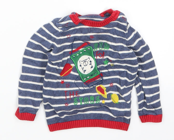 TU Boys Blue Striped  Pullover Jumper Size 6-9 Months  - Aim for the Stars