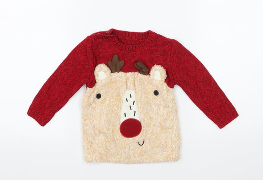 Front view of George boys’ red knit jumper, size 9-12, months - rudolph