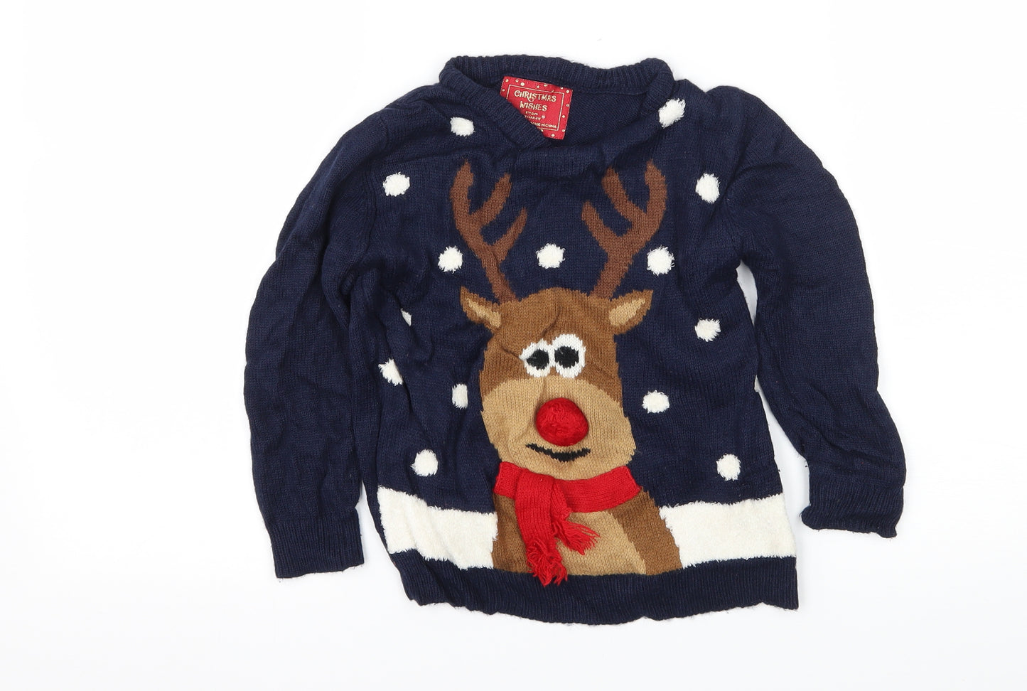 Primark Boys Blue Geometric Knit Pullover Jumper Size 4-5 Years  - Rudolph