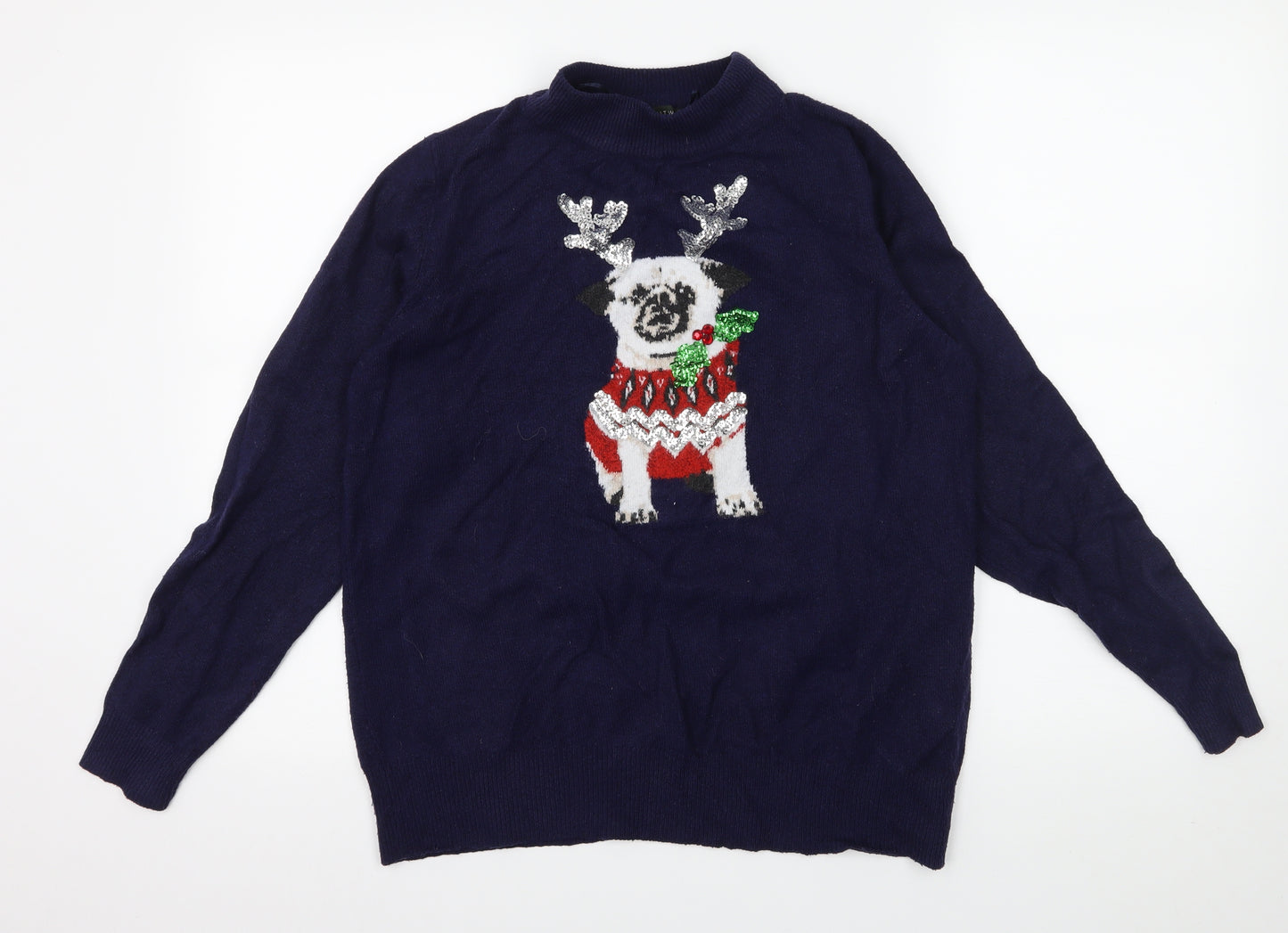 Bonmarché Womens Blue  Knit Pullover Jumper Size 16  - Christmas Pug
