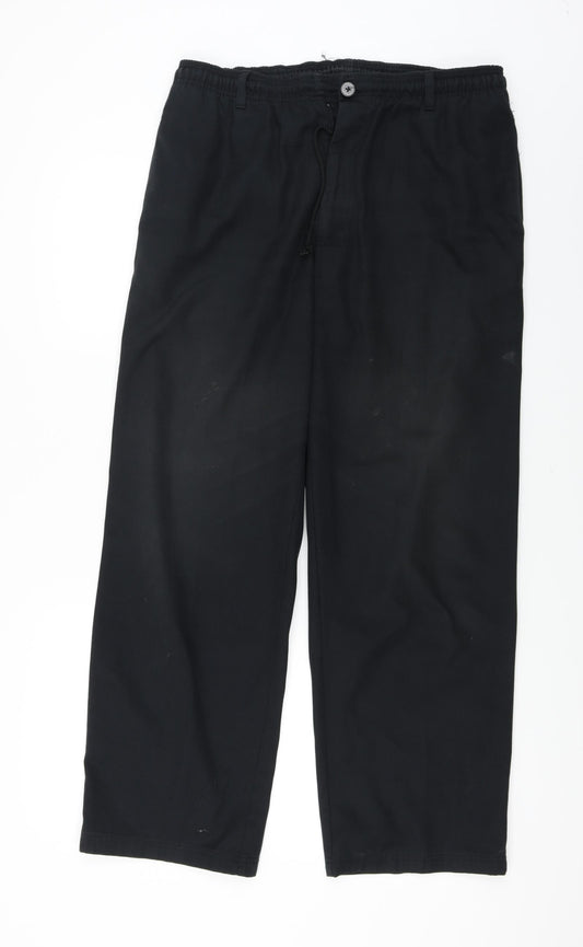Front view of Preworn men’s black trousers, size 32, in, 26-inch leg