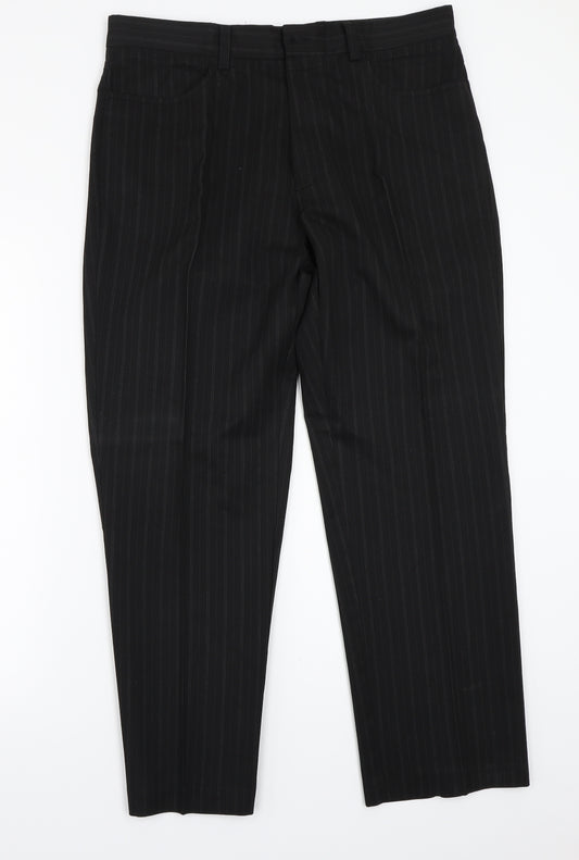 Front view of F&F men’s blue striped trousers, size 34, 29-inch leg