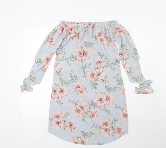 Front view of New Look women’s blue floral a-line, size UK 8