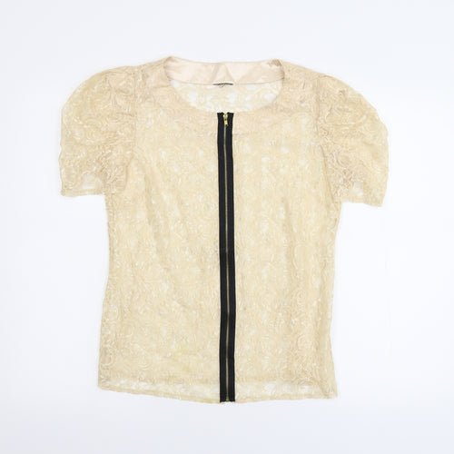 Preworn Womens Beige Floral Lace Basic Blouse Size M