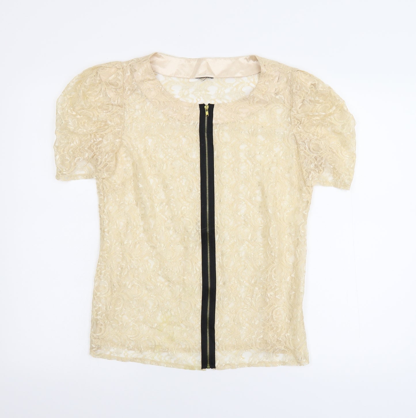 Preworn Womens Beige Floral Lace Basic Blouse Size M