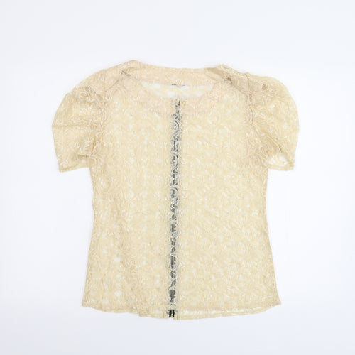 Preworn Womens Beige Floral Lace Basic Blouse Size M
